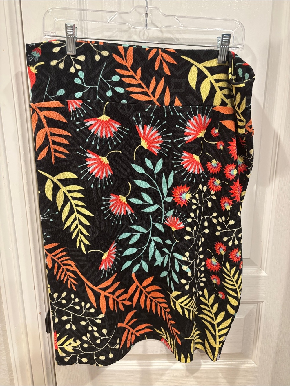 LuLaRoe Black Floral Pencil Skirt with Red, Orange, Yellow & Teal Leaves